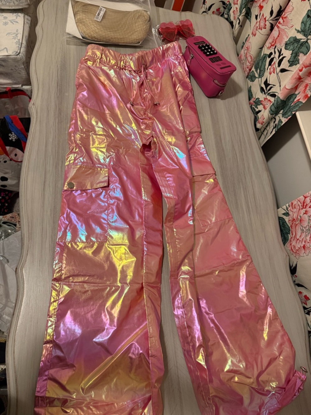 Iridescent Pink Cargo Pants, Blonde Wig, Glasses, and Phone Bag Barbie Costume